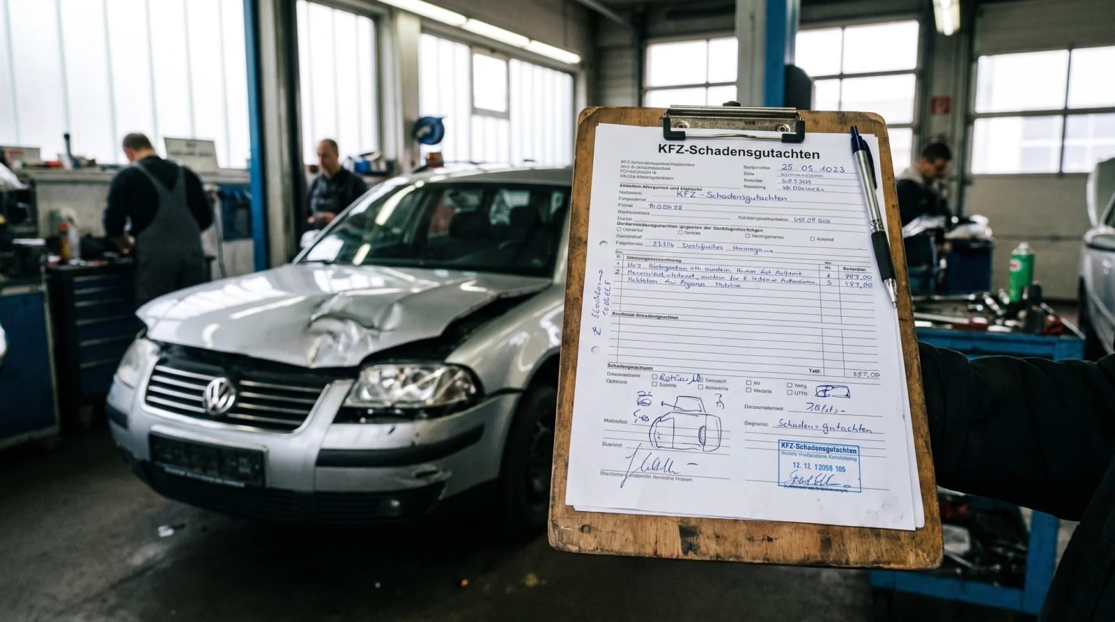 Kfz-Schadensgutachten auf einem Klemmbrett, im Hintergrund ein beschaedigtes Fahrzeug in der Werkstatt