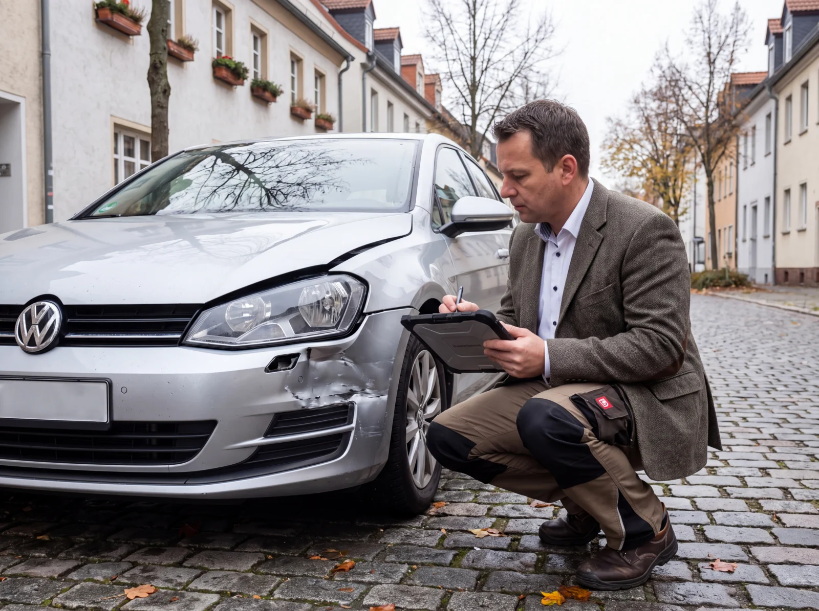 Kfz-Sachverstaendiger begutachtet einen beschaedigten Wagen zur Ermittlung des Wiederbeschaffungswerts