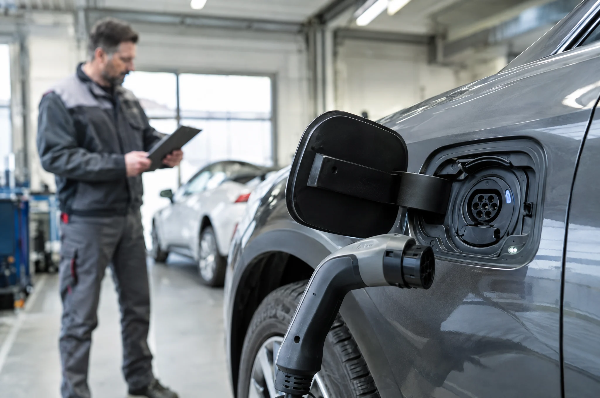 Ladeanschluss eines Elektroautos beim Batteriezertifikat-Check in der Werkstatt