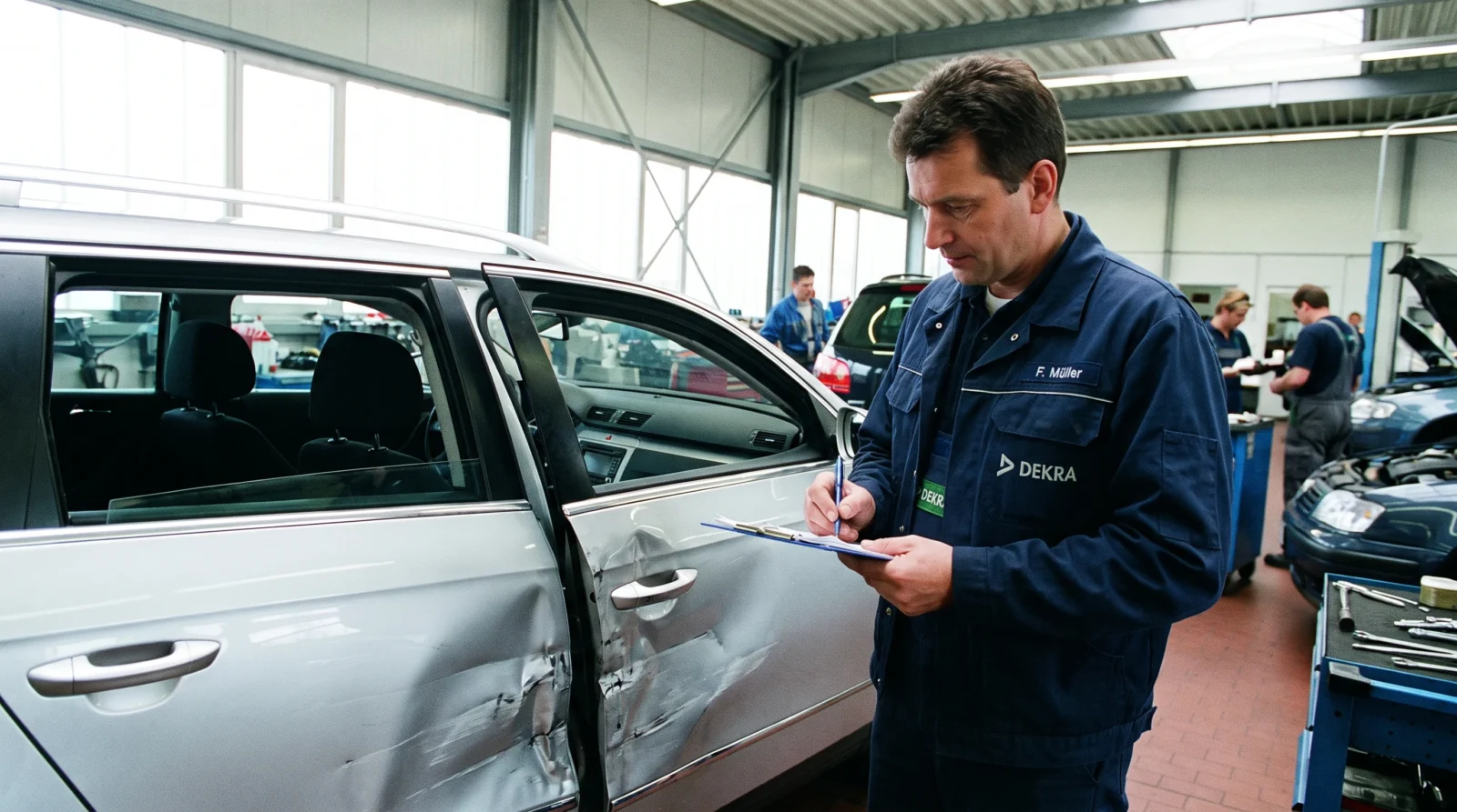 Unabhängiger Kfz-Sachverständiger dokumentiert einen Unfallschaden am Fahrzeug in der Werkstatt