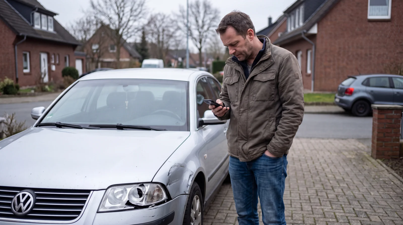 Mann steht nach einem Unfall neben seinem beschaedigten Auto und prueft sein Smartphone