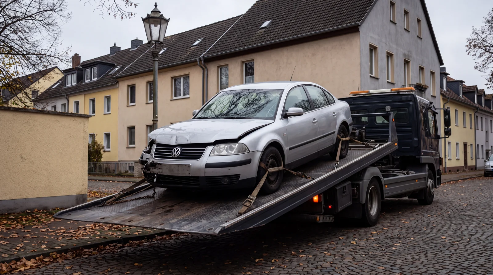 Total beschaedigtes Auto wird nach einem Unfall auf einen Abschleppwagen verladen
