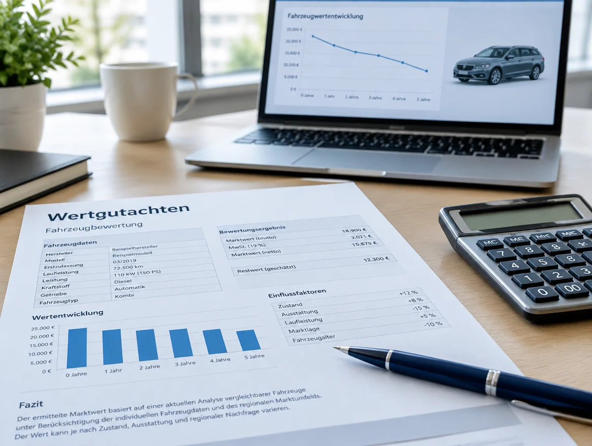 Ausgedrucktes Kfz-Wertgutachten mit Tabellen auf einem Schreibtisch zur Ermittlung der merkantilen Wertminderung